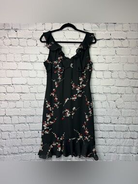 Calme Y2K 90s Black Red Floral Midi Dress Sleeveless Ruffle Neckline Size Medium